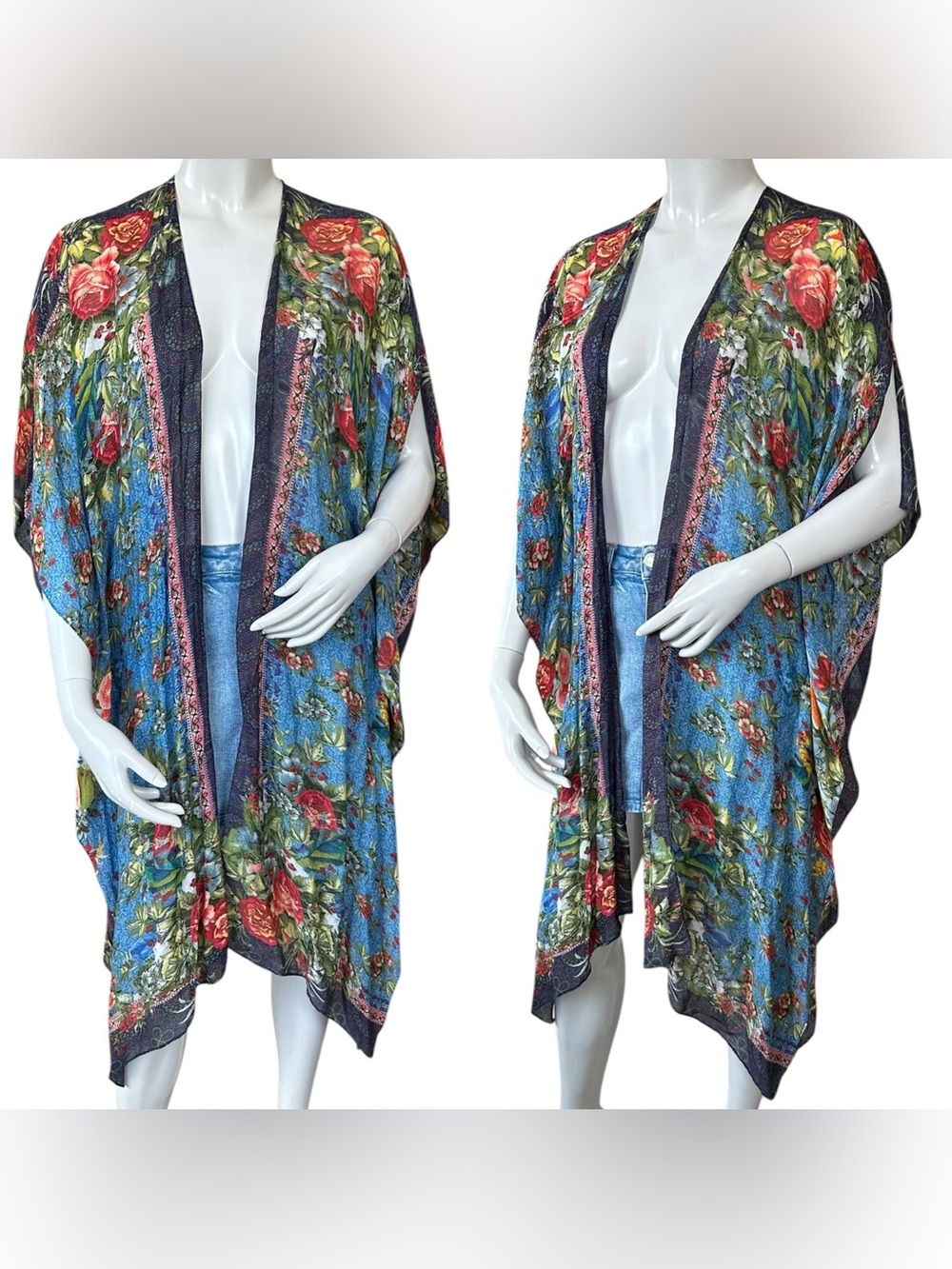Aratta Silent Journey Blue Multi Floral Leaf Boho Fruit Open Kimono Duster OS